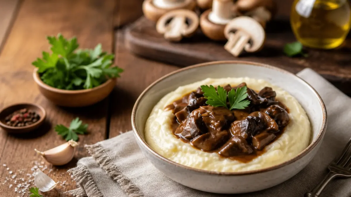 Spezzatino di funghi senza carne su purè leggero con prezzemolo fresco
