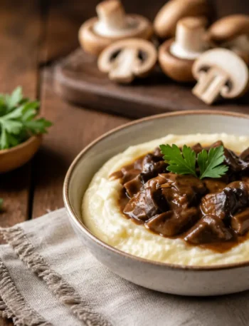 Spezzatino di funghi senza carne su purè leggero con prezzemolo fresco