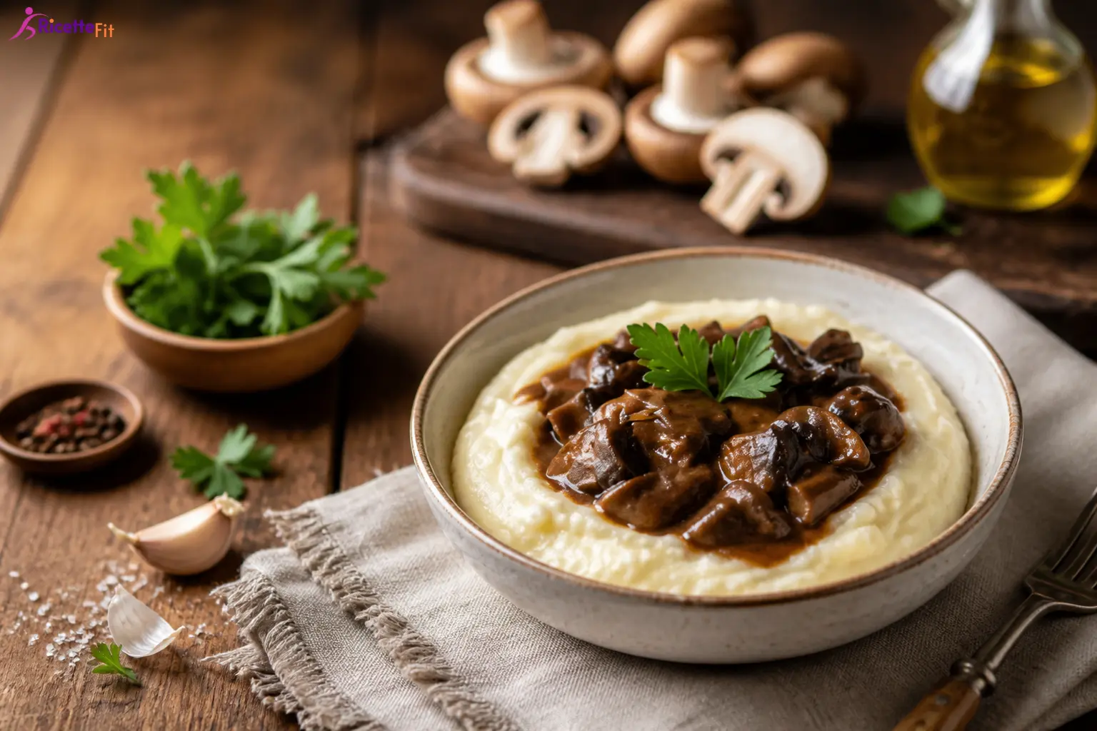 Spezzatino di funghi senza carne su purè leggero con prezzemolo fresco
