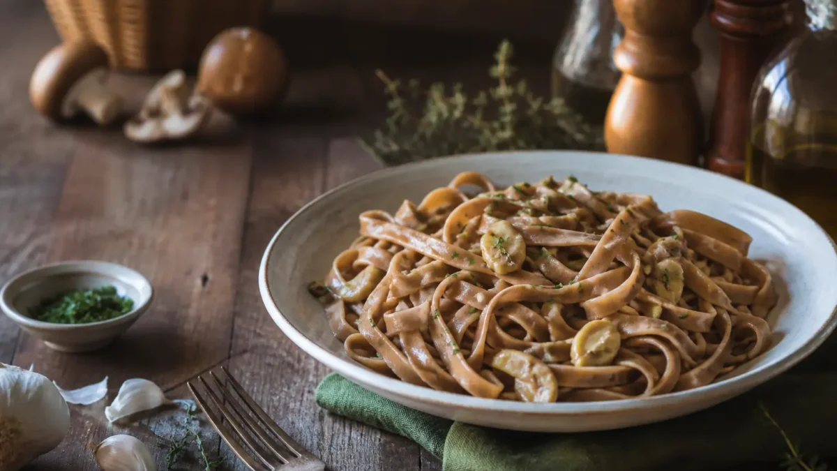 Tagliatelle con farina di castagne ai funghi in piatto rustico
