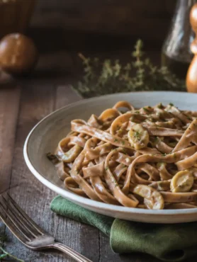 Tagliatelle con farina di castagne ai funghi in piatto rustico