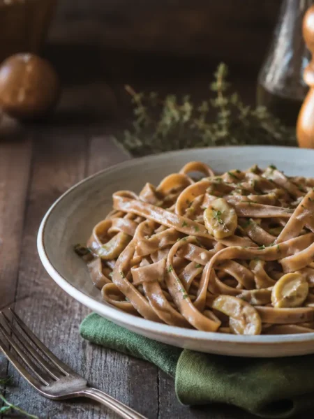 Tagliatelle con farina di castagne ai funghi in piatto rustico