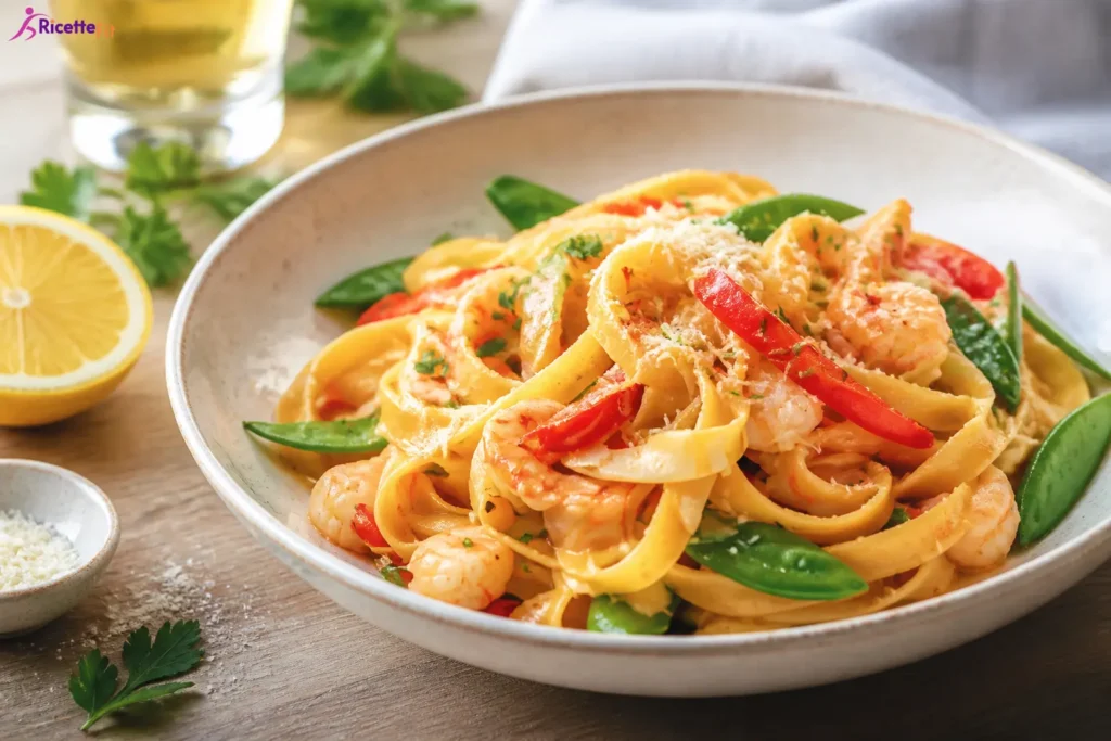 Tagliatelle con taccole e gamberi in ciotola con peperone rosso e limone