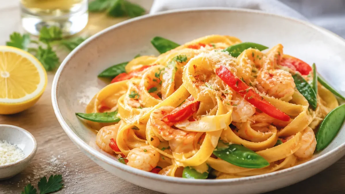 Tagliatelle con taccole e gamberi in ciotola con peperone rosso e limone