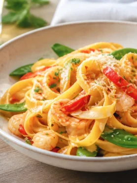 Tagliatelle con taccole e gamberi in ciotola con peperone rosso e limone