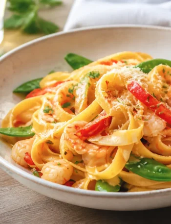 Tagliatelle con taccole e gamberi in ciotola con peperone rosso e limone