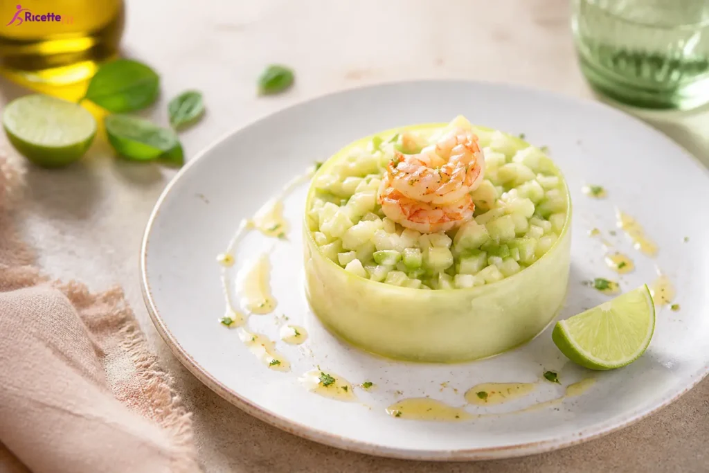 Tartare di cetrioli e avocado con gamberi al lime servita nel piatto