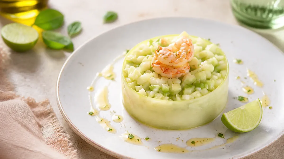 Tartare di cetrioli e avocado con gamberi al lime servita nel piatto