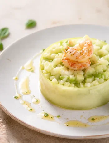 Tartare di cetrioli e avocado con gamberi al lime servita nel piatto