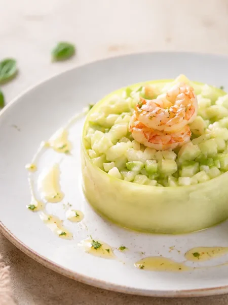 Tartare di cetrioli e avocado con gamberi al lime servita nel piatto