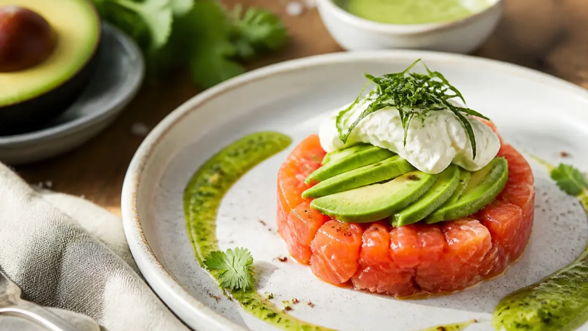 Tartare di salmone con avocado, robiola e salsa verde alle erbe