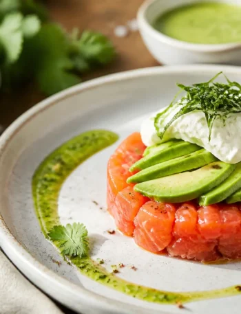 Tartare di salmone con avocado, robiola e salsa verde alle erbe