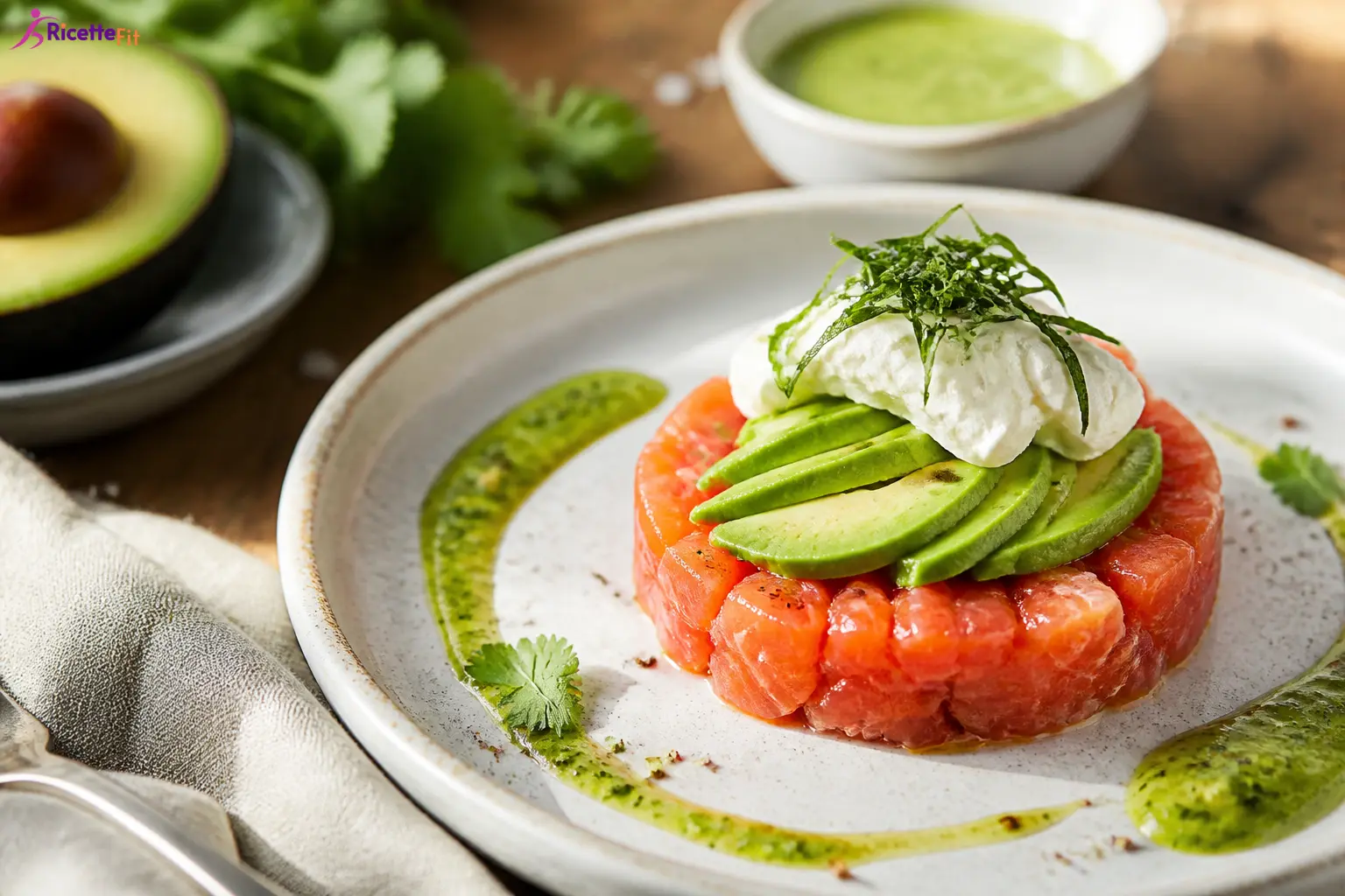 Tartare di salmone con avocado, robiola e salsa verde alle erbe