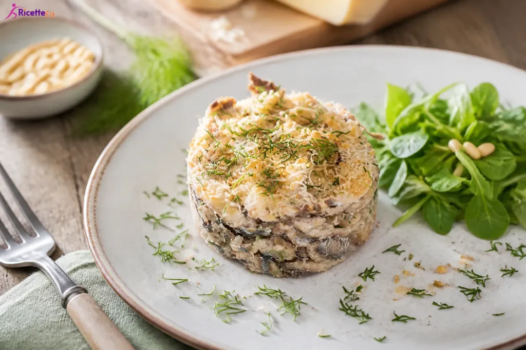 Tortino di alici con patate, pinoli e finocchietto servito con valerianella