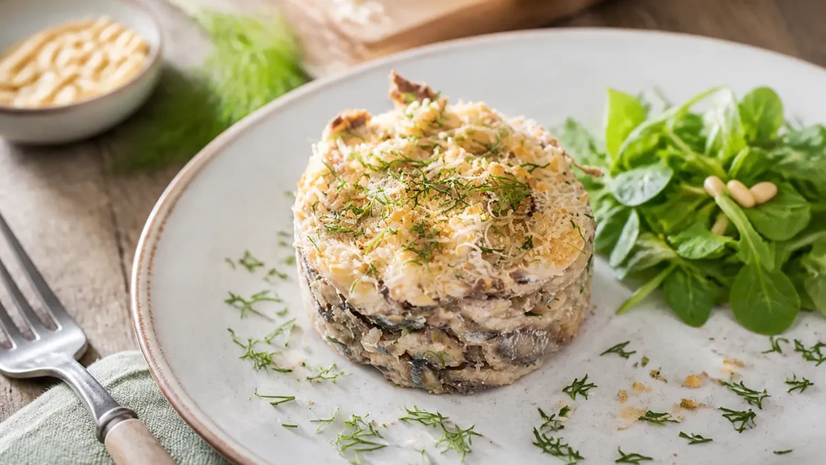 Tortino di alici con patate, pinoli e finocchietto servito con valerianella