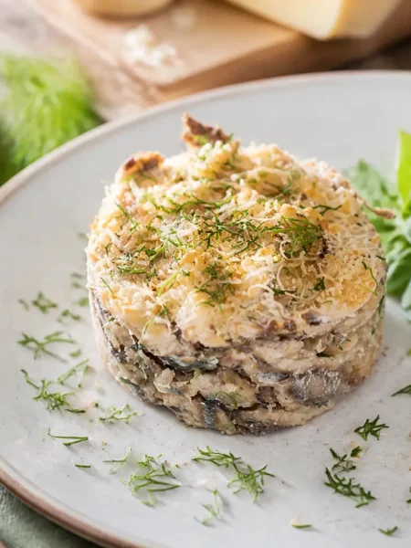 Tortino di alici con patate, pinoli e finocchietto servito con valerianella