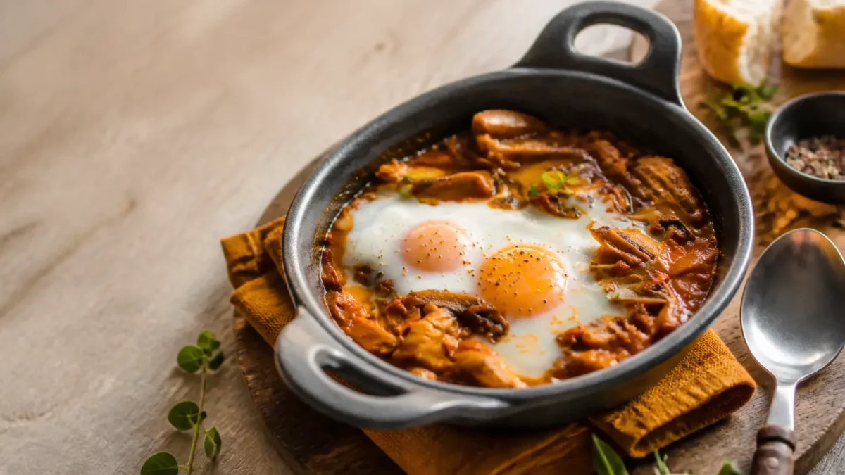 Uova alla boscaiola fit con funghi e pomodoro in cocotte