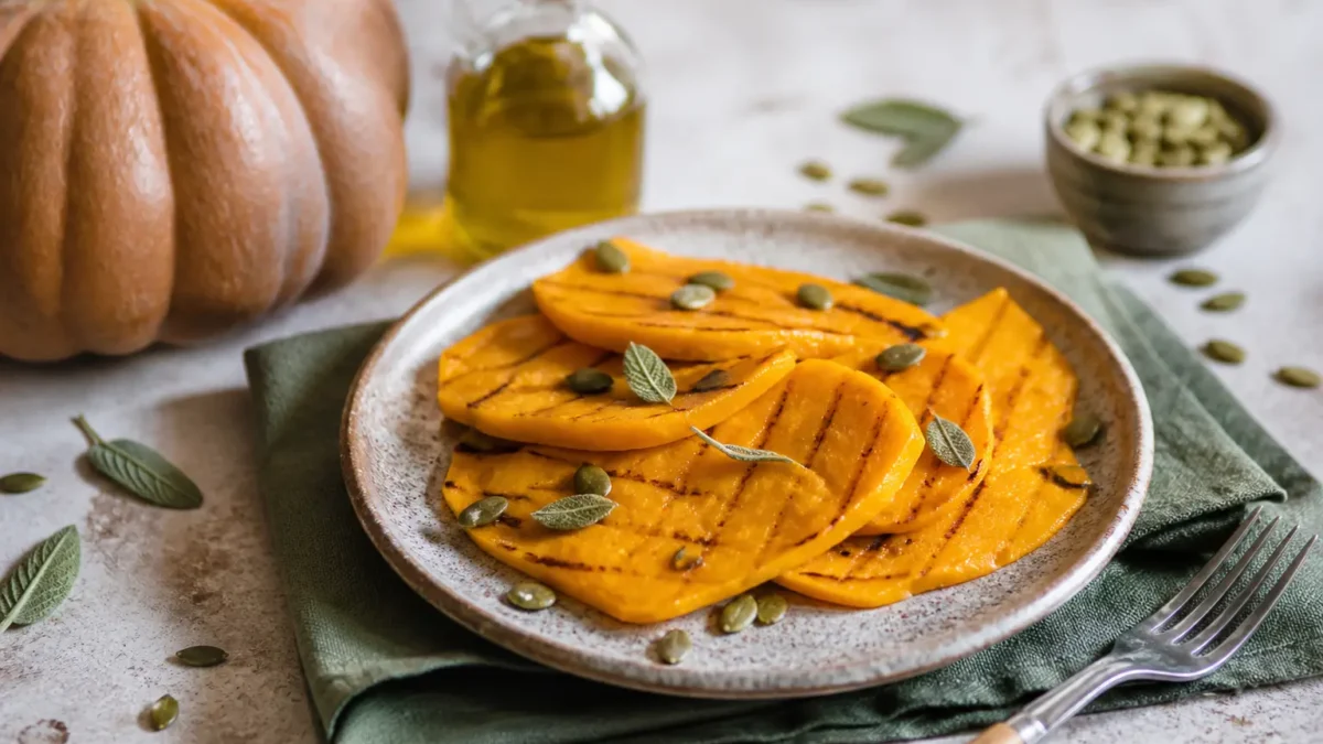Zucca grigliata con salvia e semi di zucca nel piatto