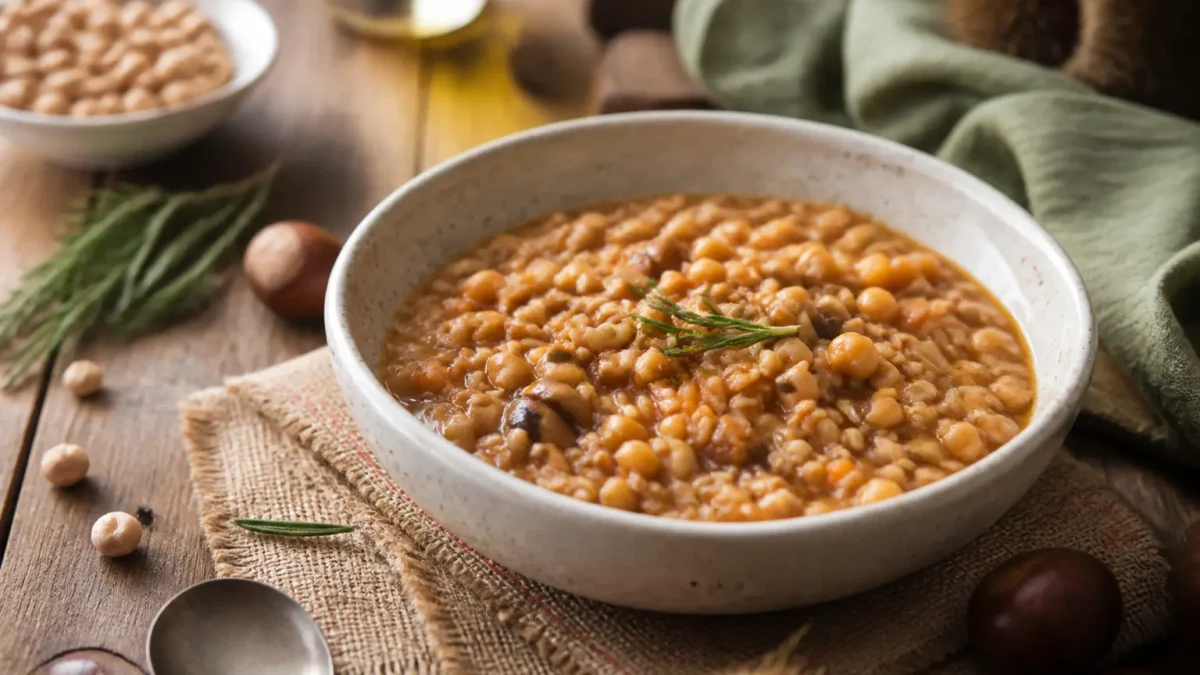 Zuppa di farro ceci e castagne con rosmarino