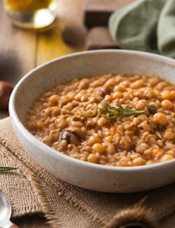 Zuppa di farro ceci e castagne con rosmarino