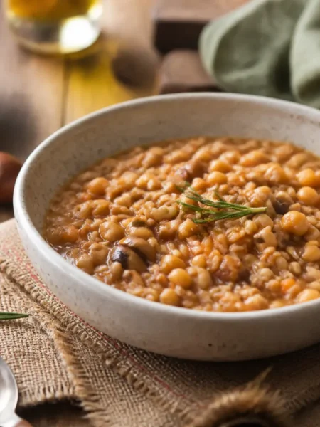 Zuppa di farro ceci e castagne con rosmarino
