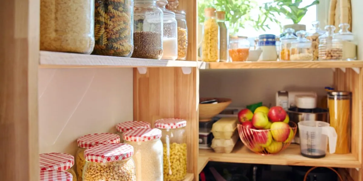 Dispensa in legno con barattoli di vetro contenenti riso, pasta, lenticchie e legumi secchi, accanto a un cesto di mele