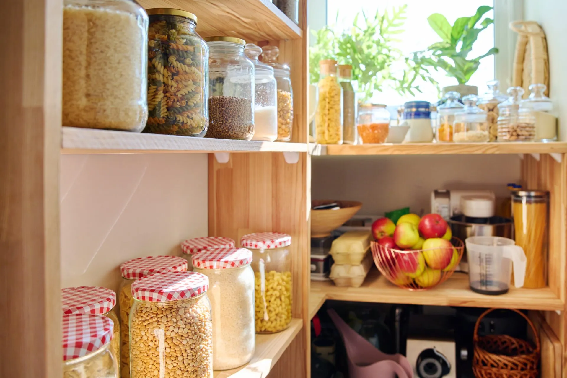 Dispensa in legno con barattoli di vetro contenenti riso, pasta, lenticchie e legumi secchi, accanto a un cesto di mele
