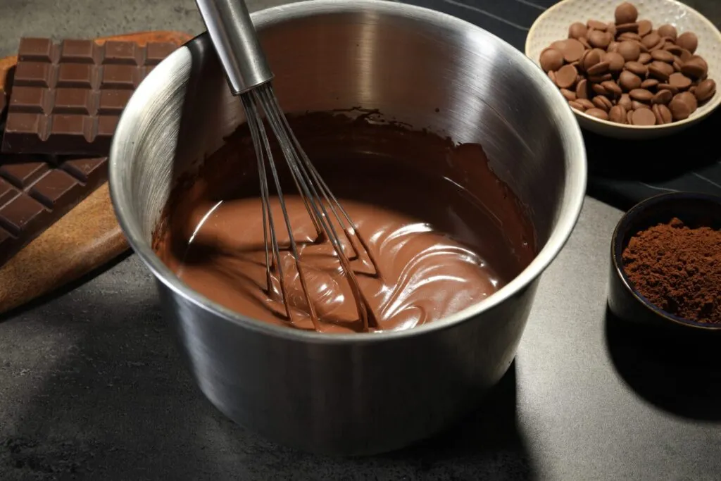 Cioccolata calda che addensa nel pentolino con la frusta