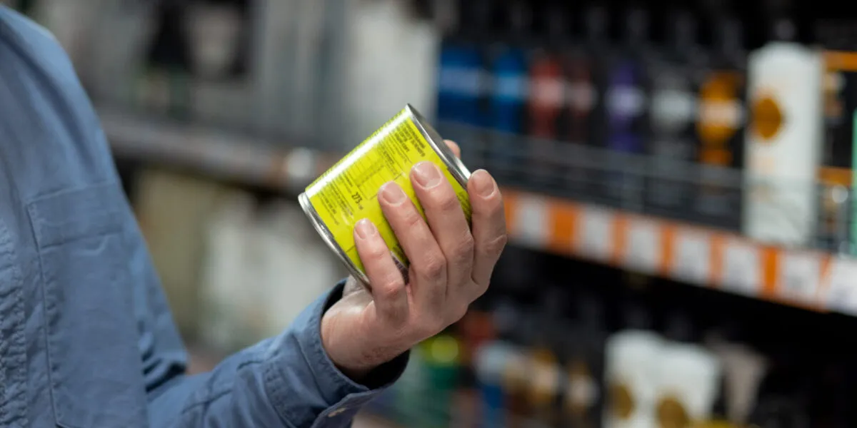 Mano che gira una scatoletta per leggere l'etichetta con la data, davanti allo scaffale di un supermercato