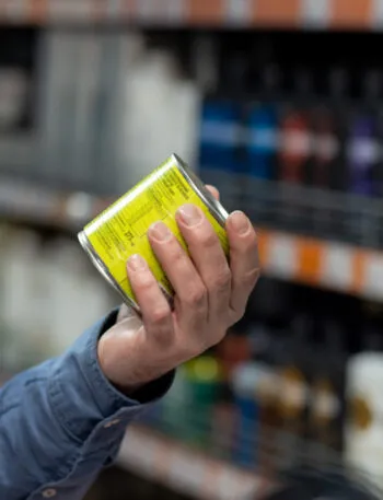 Mano che gira una scatoletta per leggere l'etichetta con la data, davanti allo scaffale di un supermercato