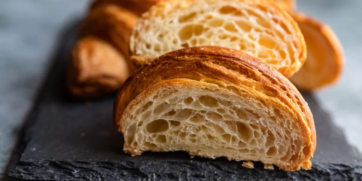 Cornetto tagliato a metà con gli strati e l'alveolatura ben visibili
