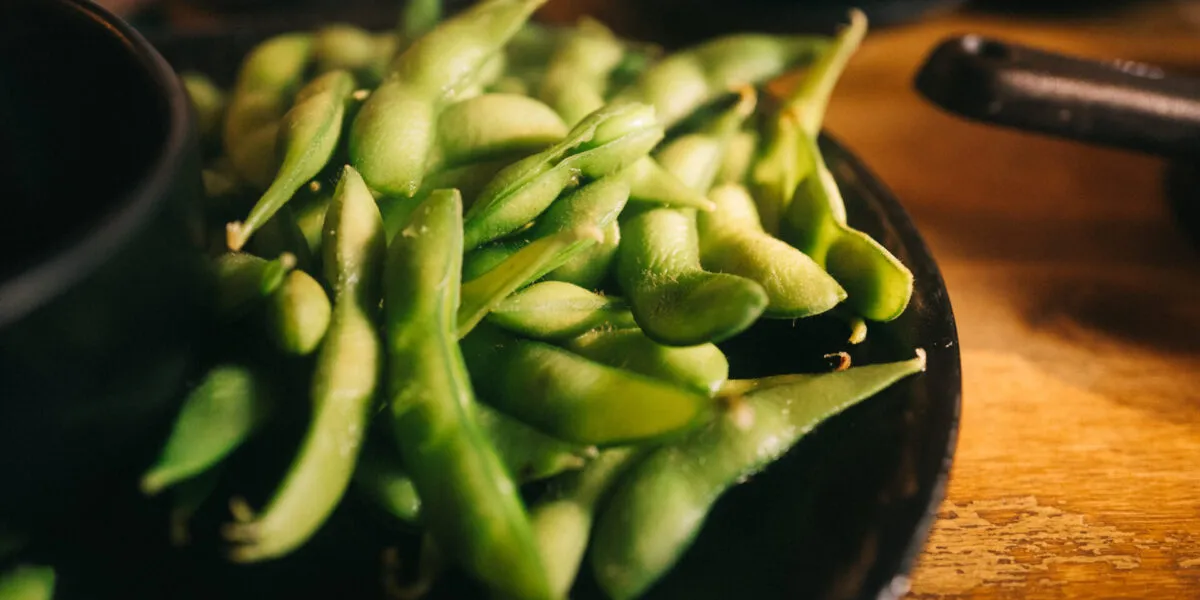 Baccelli di edamame verdi in una ciotola scura