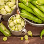 Alt text: Fave fresche sgusciate raccolte in due tazze di metallo accanto a una ciotola di baccelli interi, su un tavolo di legno