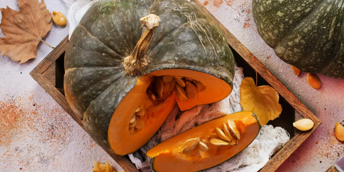Zucca tagliata con la polpa arancione e i semi in vista