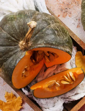 Zucca tagliata con la polpa arancione e i semi in vista