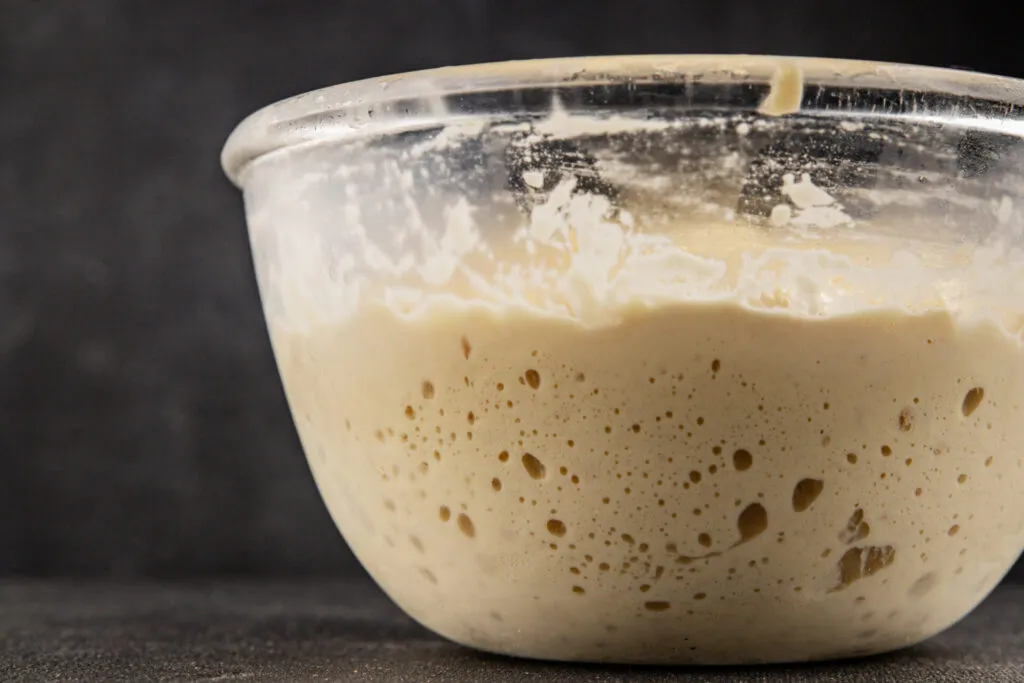 Impasto in fermentazione in una ciotola di vetro, con le bolle ben visibili lungo le pareti e la superficie gonfia