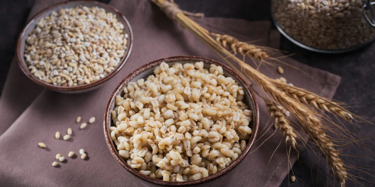 Due ciotole di orzo perlato, una con i chicchi crudi e una con l'orzo cotto e gonfio, con spighe e un barattolo sullo sfondo