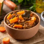 Ciotola di minestra di zucca e lenticchie con cubetti di zucca, lenticchie intere e una foglia di alloro