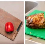 Confronto tra due taglieri: quello di legno con funghi e peperone, quello di plastica verde con un arrosto di carne