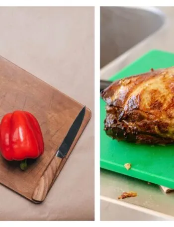 Confronto tra due taglieri: quello di legno con funghi e peperone, quello di plastica verde con un arrosto di carne