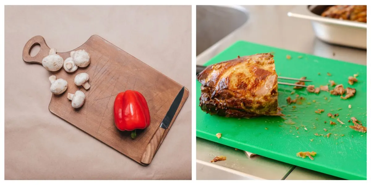Confronto tra due taglieri: quello di legno con funghi e peperone, quello di plastica verde con un arrosto di carne