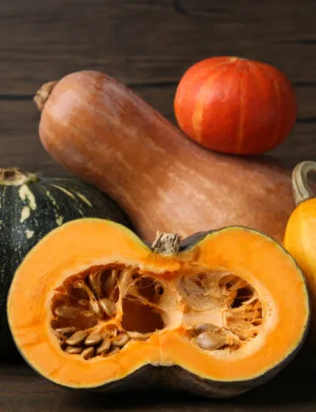 Diverse varietà di zucca a confronto, tonde e allungate, con una tagliata a metà che mostra la polpa arancione e i semi