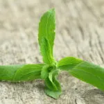 Ramo di stevia con foglie verdi dal bordo dentellato appoggiato su una superficie di legno chiaro