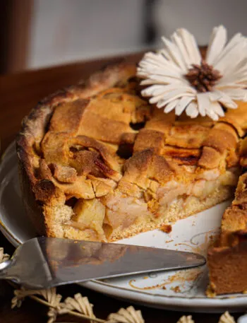 Torta di mele con copertura a strisce tagliata a fette, con lo strato di mele visibile nella sezione