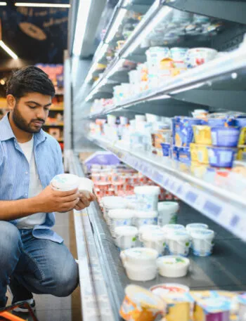 Persona accovacciata davanti al banco frigo del supermercato che tiene due vasetti bianchi, uno per mano, confrontandoli prima di scegliere