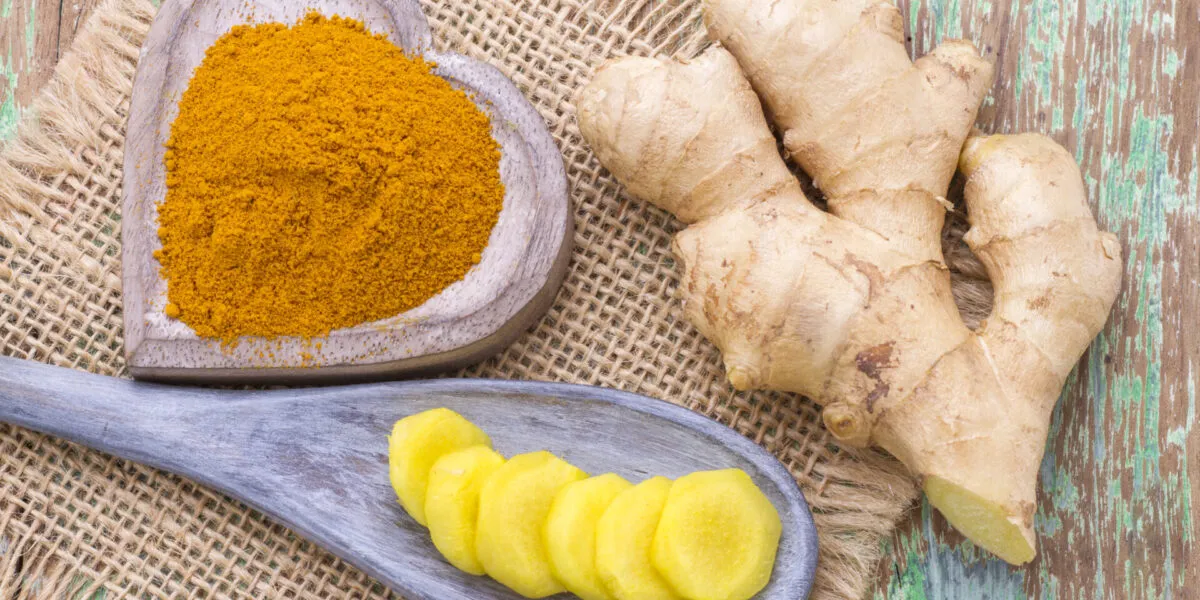 Rizoma di zenzero fresco accanto a una ciotola di legno con curcuma in polvere e fettine di curcuma su un cucchiaio