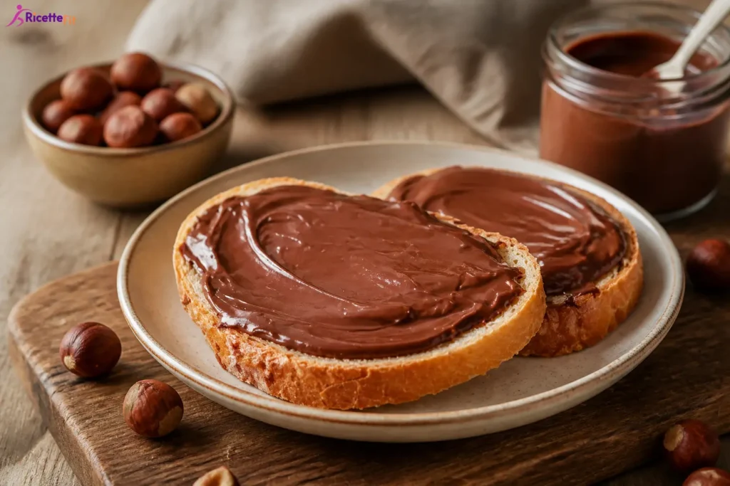Crema alle nocciole senza olio di palma spalmata su pane tostato