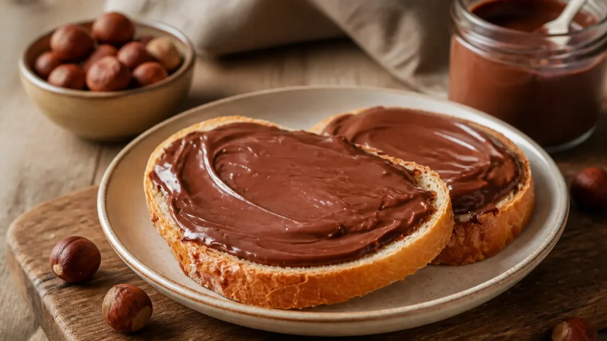 Crema alle nocciole senza olio di palma spalmata su pane tostato