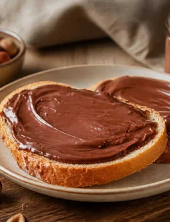 Crema alle nocciole senza olio di palma spalmata su pane tostato
