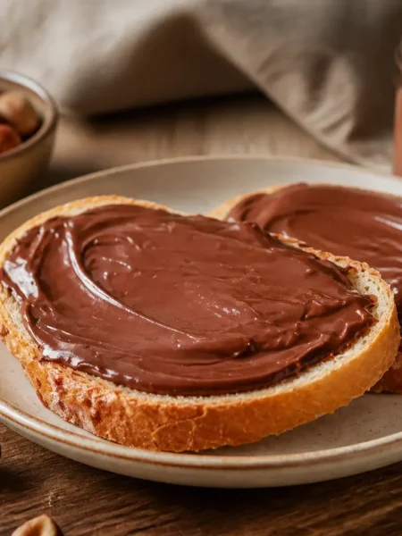 Crema alle nocciole senza olio di palma spalmata su pane tostato